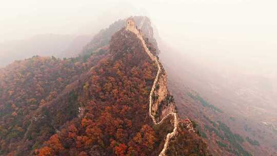 北京秋天司马台长城群山红叶大气航拍