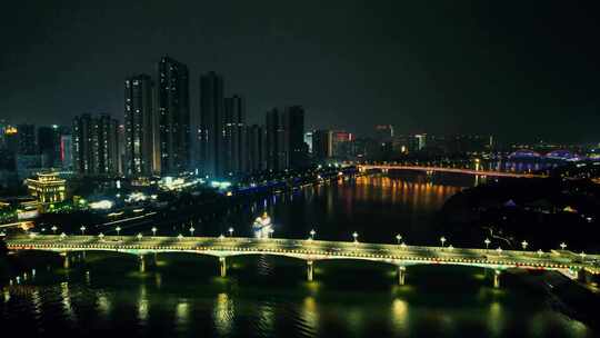 广西南宁邕江大桥夜景航拍