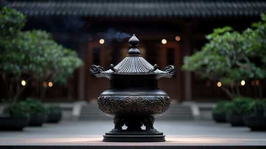 唐朝寺庙香炉青烟袅袅禅意静谧