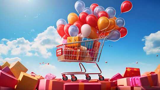 蓝天白云下的双十一电商购物节购物车、气球