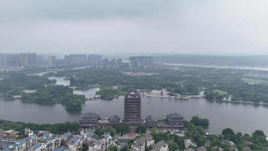 航拍四川眉山东坡湿地公园远景楼