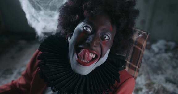 令人毛骨悚然的小丑笑着看着镜头