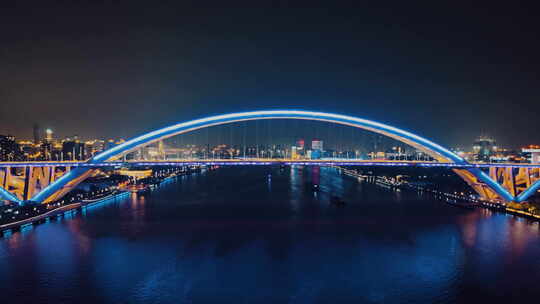 上海卢浦大桥夜景后拉镜头航拍
