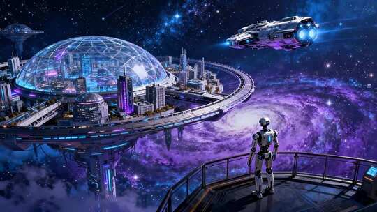 机器人眺望未来宇宙城市景观