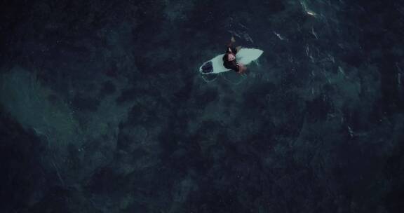 女人坐在冲浪板上划水