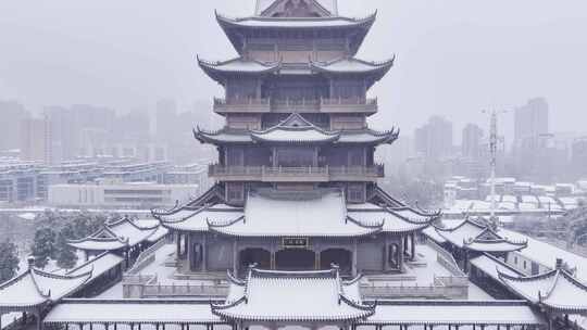 航拍武汉归元寺雪景大雪佛像雕像古刹历史