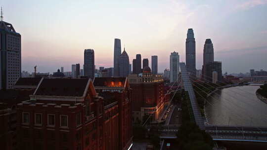 天津海河建筑风景线日落城市风光航拍