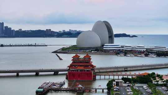 广州珠海日月贝大剧院情侣路海滩高空航拍