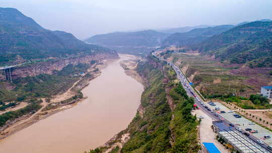 黄河岸边峡谷航拍延时摄影