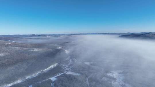 冻雾迷漫晨光中的林海雪原