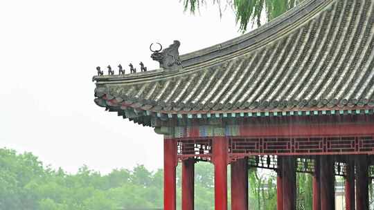 北京夏季下雨中雨水冲刷的故宫皇城角楼红墙