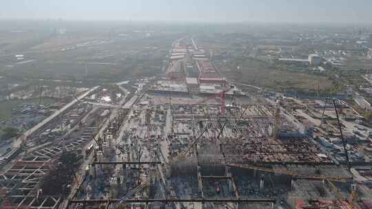 航拍鸟瞰上海松江枢纽建筑工地全景