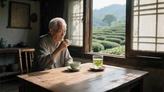 老人窗边品茶赏茶园景致
