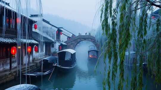 江南水乡河道及船只景象