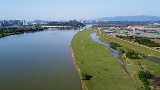 航拍江西吉安禾泸水沿岸湿地