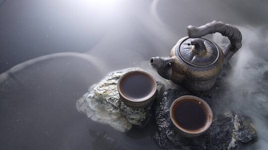 水面上的茶壶与茶杯