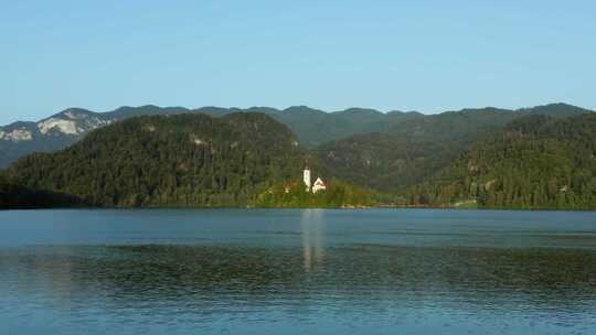 黎明，布莱德湖，教堂，岛