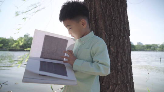 小男孩坐在户外看书视频素材模板下载