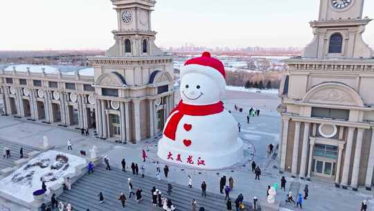 中国黑龙江哈尔滨音乐长廊网红大雪人航拍