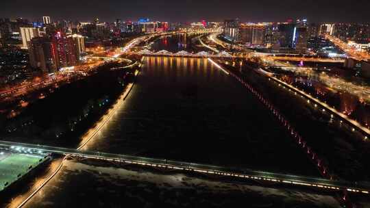 航拍山西太原南内环桥到漪汾桥夜景视频素材模板下载