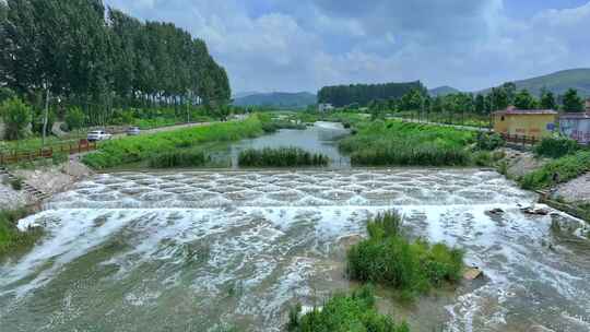 航拍山东枣庄西集两河岔鱼鳞坝