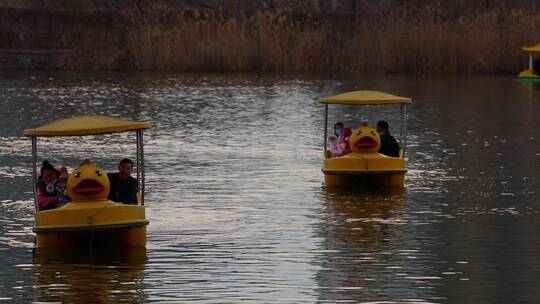 春节期间人们在公园波光粼粼的湖里划船