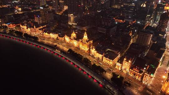 航拍中国上海陆家嘴CBD外滩夜景