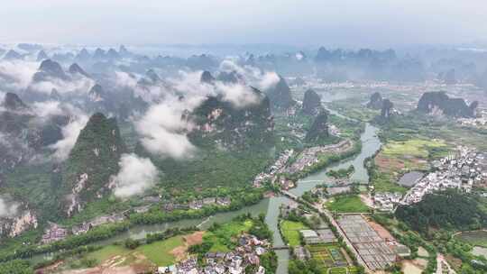 航拍烟雨阳朔遇龙河自然风光