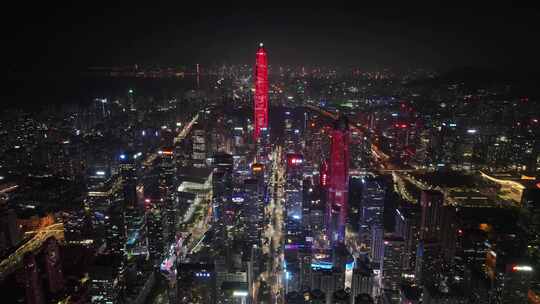 深圳福田区市中心夜景航拍平安大厦城市夜晚