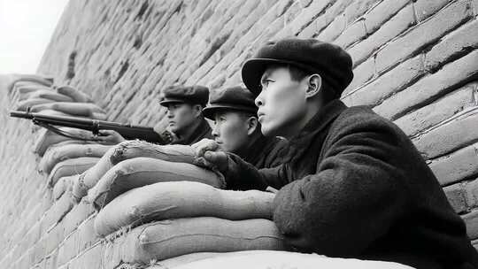 黑白镜头下的战士守卫着阵地