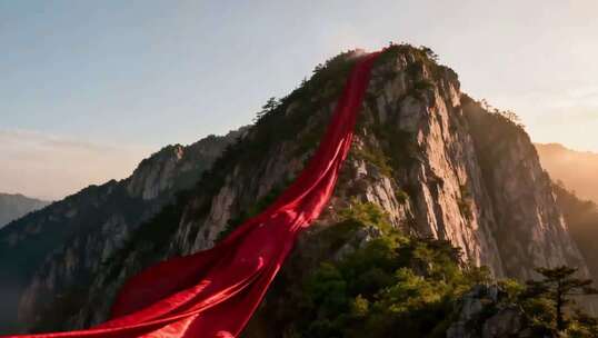 山峰上飘扬的红色绸带素材