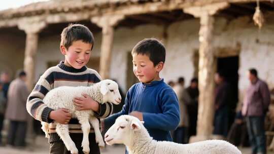 孩童与绵羊的乡村互动场景