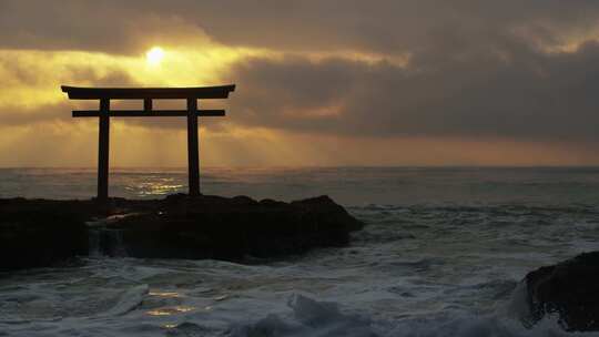 鸟居，门，波浪，海洋