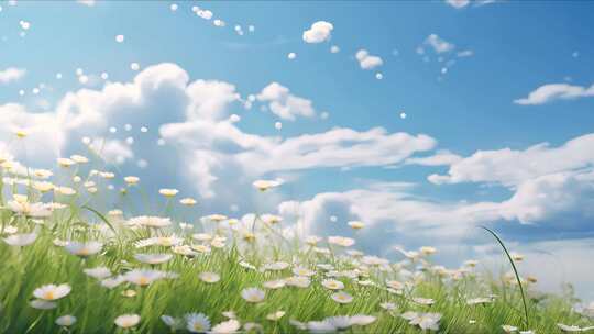 草地蓝天白云和小雏菊
