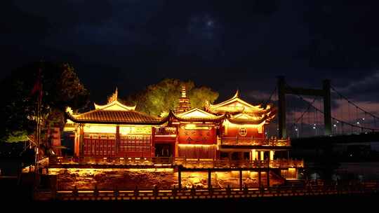 福州金山寺夜景中灯火辉煌的中式古典建筑