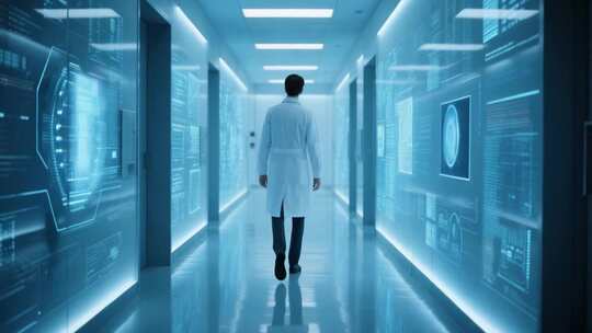 科研人员行走在科技感走廊