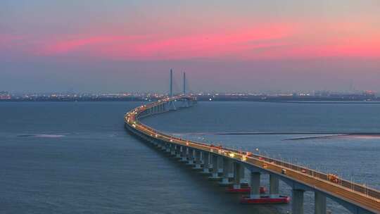 【4K】航拍上海长兴岛崇明跨海大桥夜景