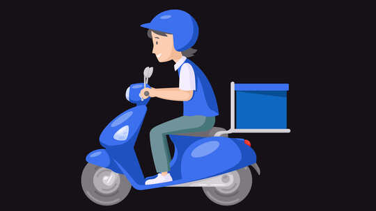 送货员骑着滑板车和蓝色制服送货箱的动画。