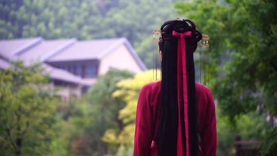 红衣古代侠女古装美女背影汉服美女看风景