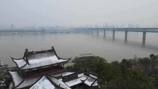 武汉汉阳区晴川阁雪景航拍