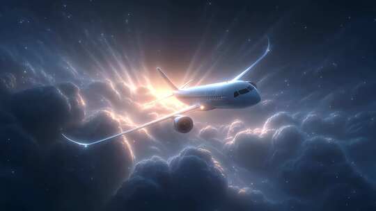 飞机穿梭云层星光璀璨航程