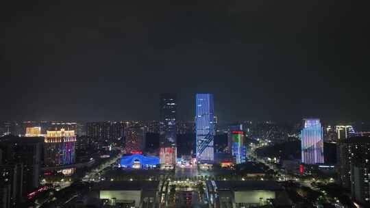 江门五邑华侨广场夜景航拍蓬江万达广场夜景