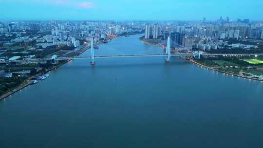 航拍海南海口世纪大桥城市蓝调夜景风景
