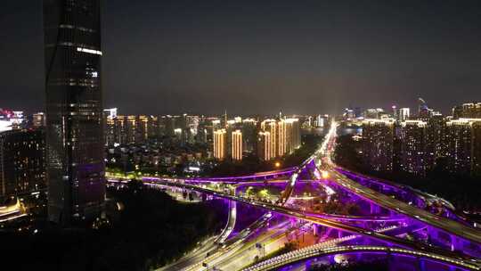 航拍杭州城市与机场高架夜景车流灯光延时