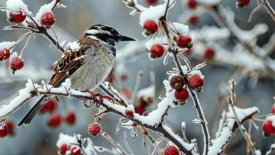 雪覆枝头的小鸟特写