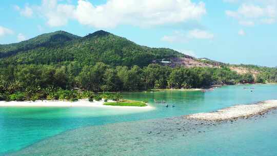 日间无人机阳光白色沙滩天堂海滩和绿松石海背景的抽象视图