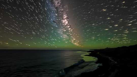 海边夜空的星轨和极光的壮观景象