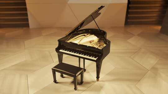 一架大钢琴停留在音乐厅舞台上的无尽动画。