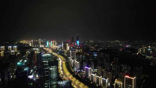 山东济南城市夜景交通航拍