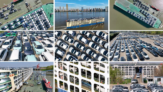 码头摆放整齐的新能源汽车通过滚装船出口高清在线视频素材下载